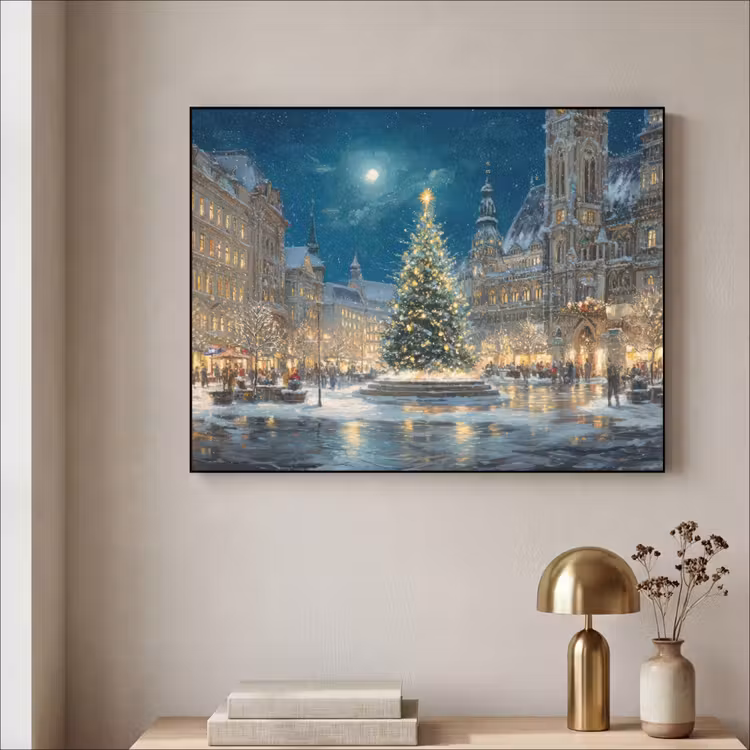 Kerstnacht - Stadsplein - Meerkleurig Textielframe - compleet frame klein -sfeer2