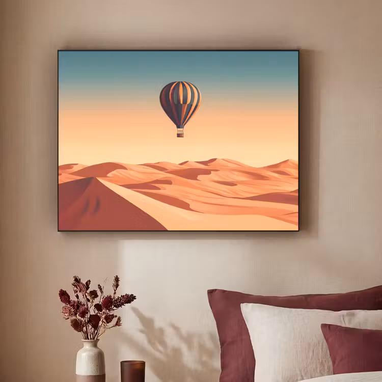 Luchtballon - Woestijn - Zonsondergang - Blauw Textielframe - compleet frame klein -sfeer1