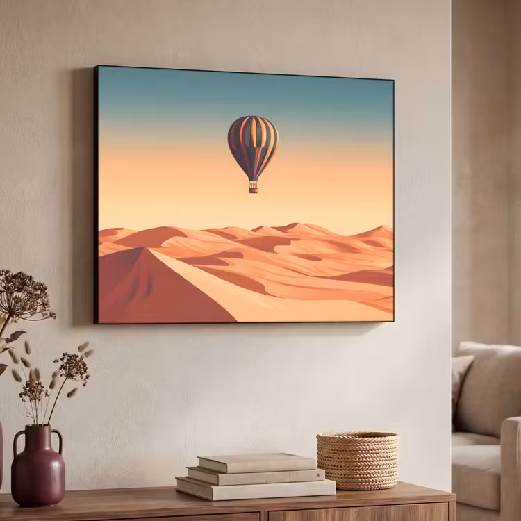 Luchtballon - Woestijn - Zonsondergang - Blauw Textielframe zwart klein -sfeer3
