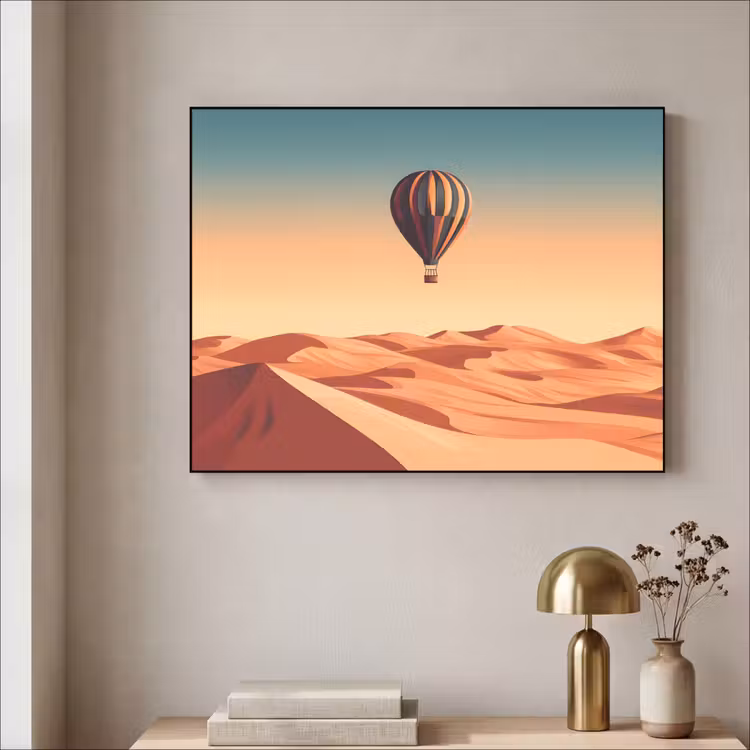 Luchtballon - Woestijn - Zonsondergang - Blauw Textielframe - compleet frame klein -sfeer2