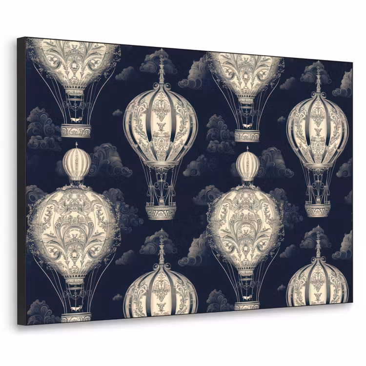 Luchtballonnen - Wolken - Patroon - Donkerblauw Textielframe zwart klein 947 -3d