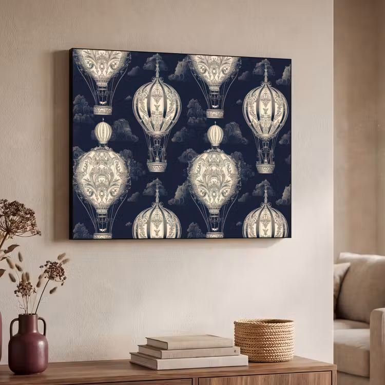Luchtballonnen - Wolken - Patroon - Donkerblauw Textielframe zwart klein 947 -sfeer3