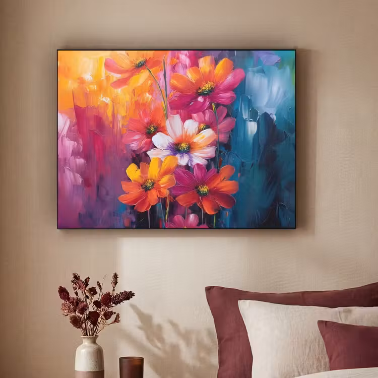 Felle bloemen - Dynamisch - Levendig Textielframe zwart klein -sfeer1