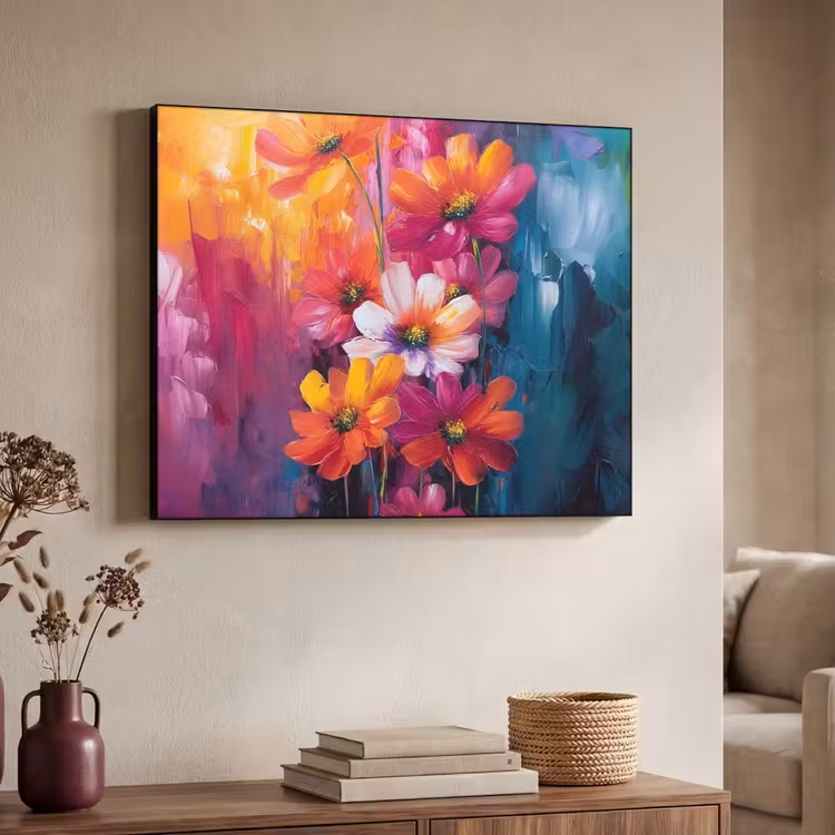 Felle bloemen - Dynamisch - Levendig Textielframe zwart klein -sfeer3
