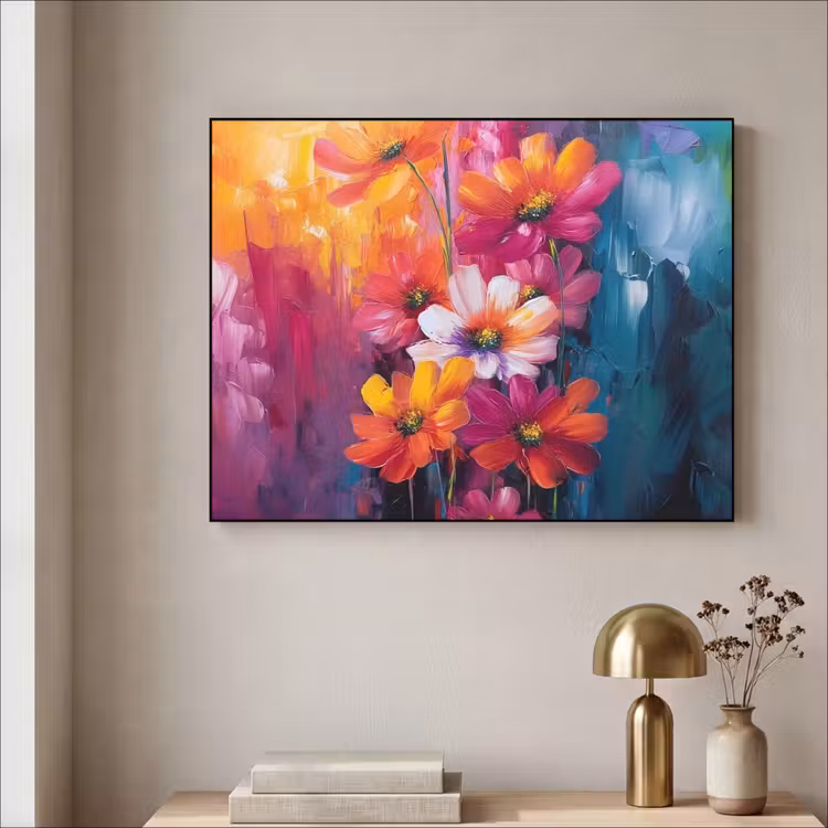 Felle bloemen - Dynamisch - Levendig Textielframe zwart klein -sfeer2