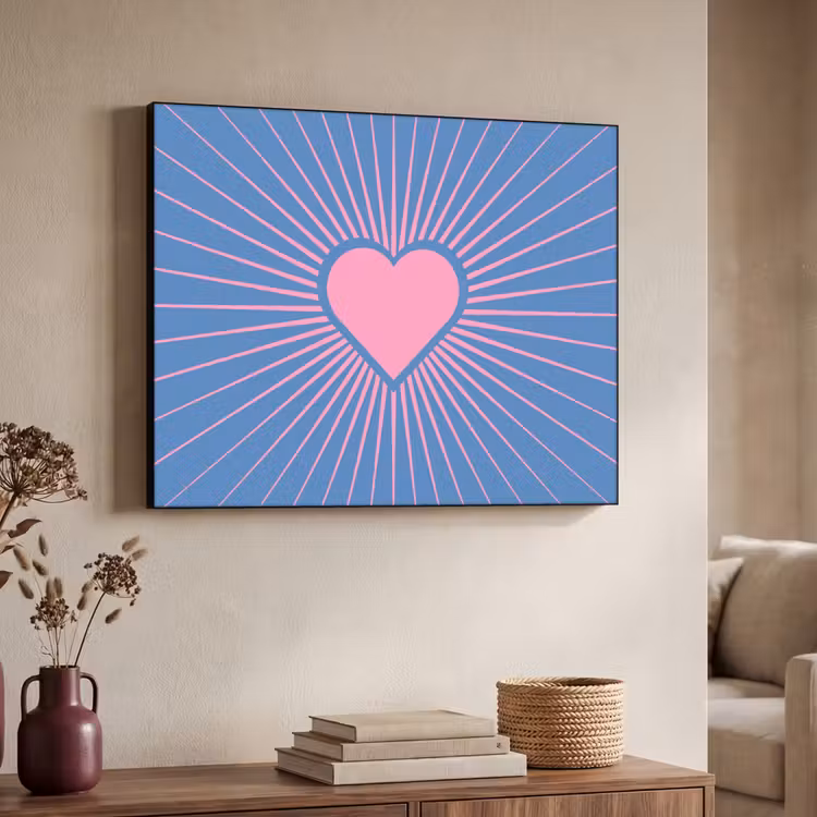 Hart - Stralen - Liefde - Modern - Roze Textielframe zwart klein -sfeer3