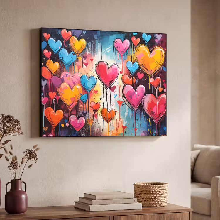 Hartjes - Kleuren - Kunst - Liefde Textielframe zwart klein -sfeer3