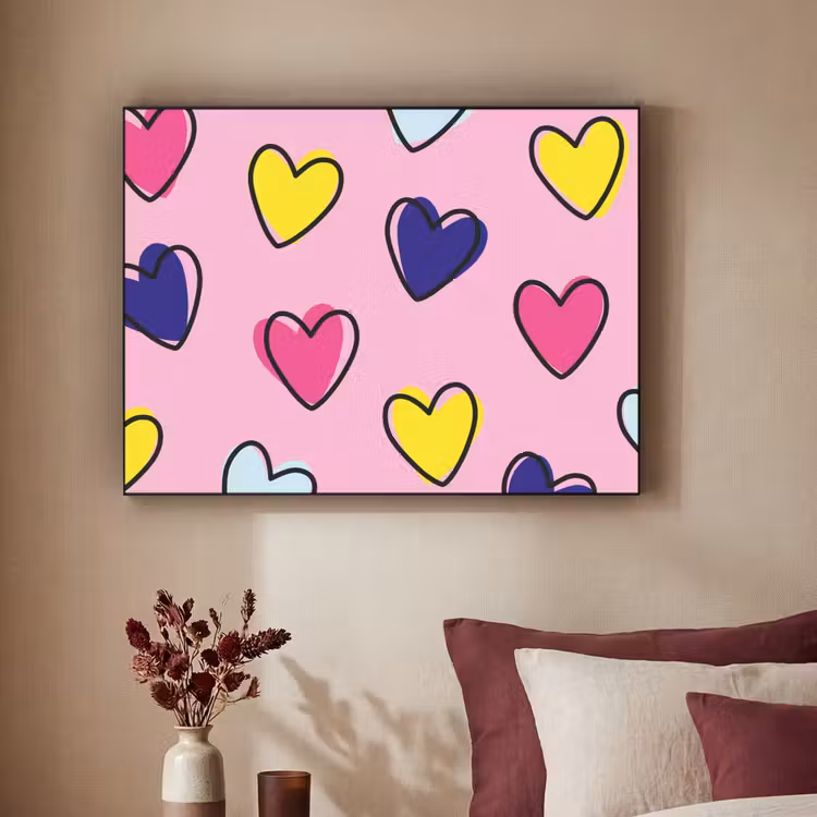 Hartjes - Valentijn - Patroon - Kleurrijk Textielframe - compleet frame klein -sfeer1