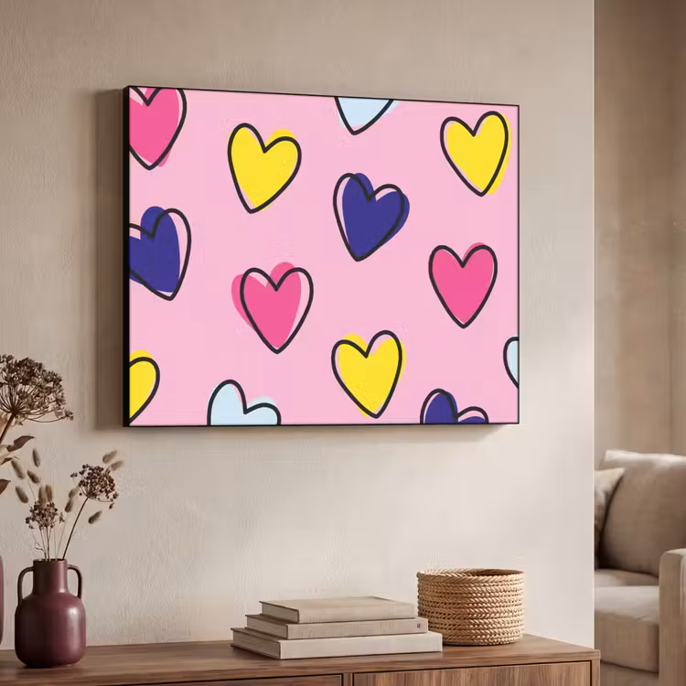 Hartjes - Valentijn - Patroon - Kleurrijk Textielframe - compleet frame klein -sfeer3