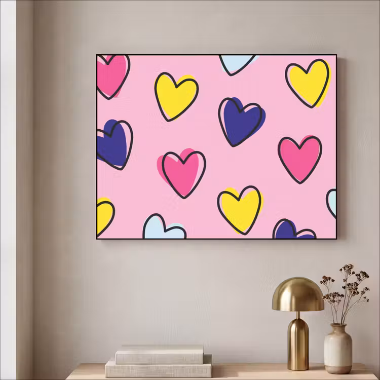 Hartjes - Valentijn - Patroon - Kleurrijk Textielframe - compleet frame klein -sfeer2