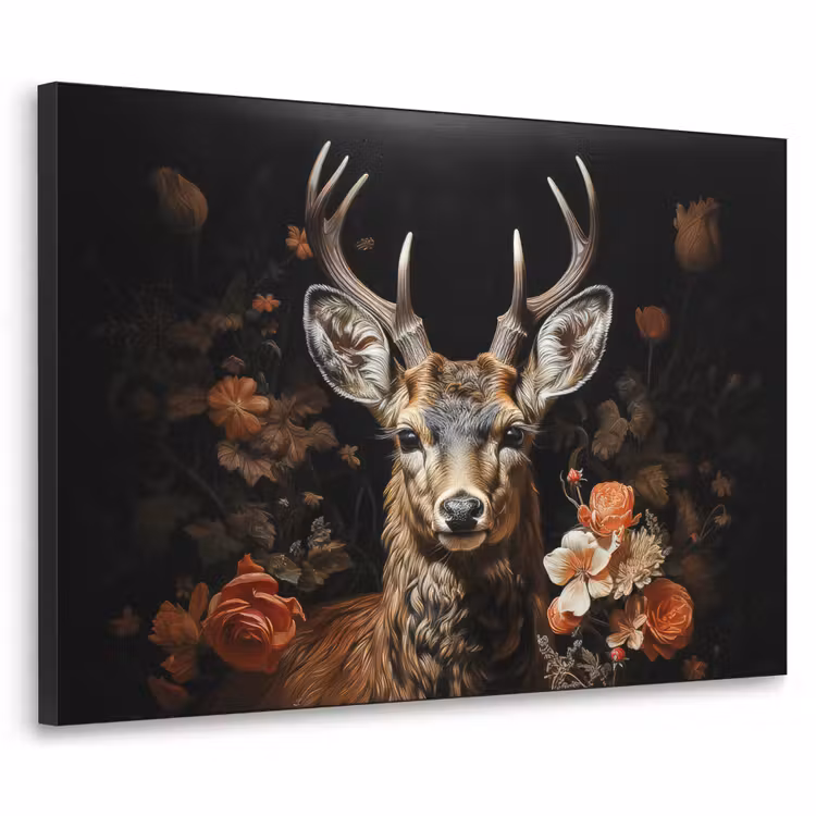 Hert - Dier - Bloemen - Natuur - Botanisch Textielframe zwart klein -3d
