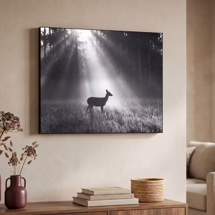 Hert - Bos - Zonnestralen - Zwart-wit - Natuur Textielframe zwart klein -sfeer3
