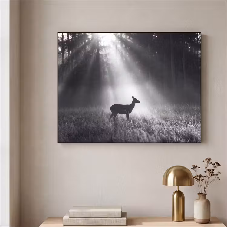 Hert - Bos - Zonnestralen - Zwart-wit - Natuur Textielframe zwart klein -sfeer2