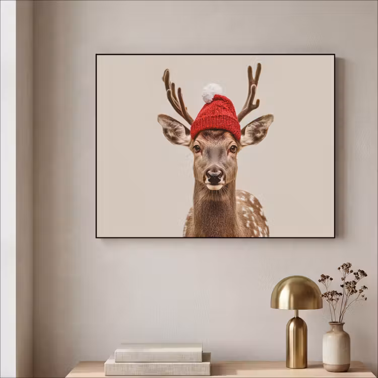 Hert - Kerst - Muts - Dieren - Winter - Grappig Textielframe zwart klein -sfeer2