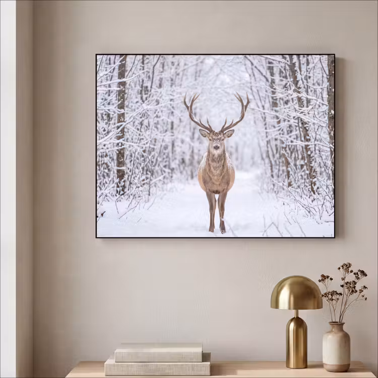 Hert - Winter - Bos - Natuur - Wit Textielframe zwart klein -sfeer2