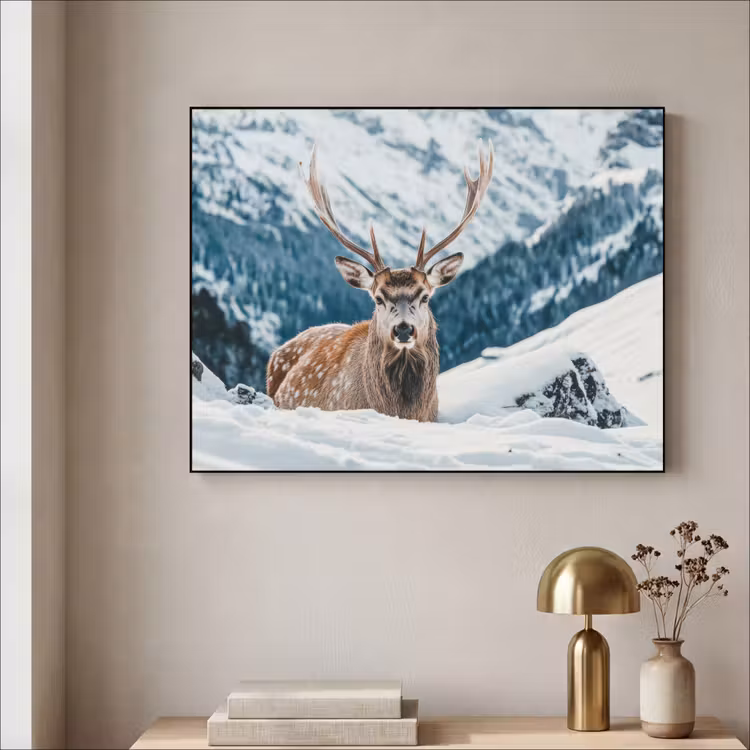 Hert - Landschap - Winter - Natuur - Dieren - Bergen Textielframe - compleet frame klein -sfeer2