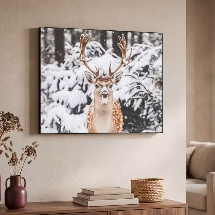 Hert - Sneeuw - Winter - Bos - Dieren Textielframe zwart klein -sfeer3