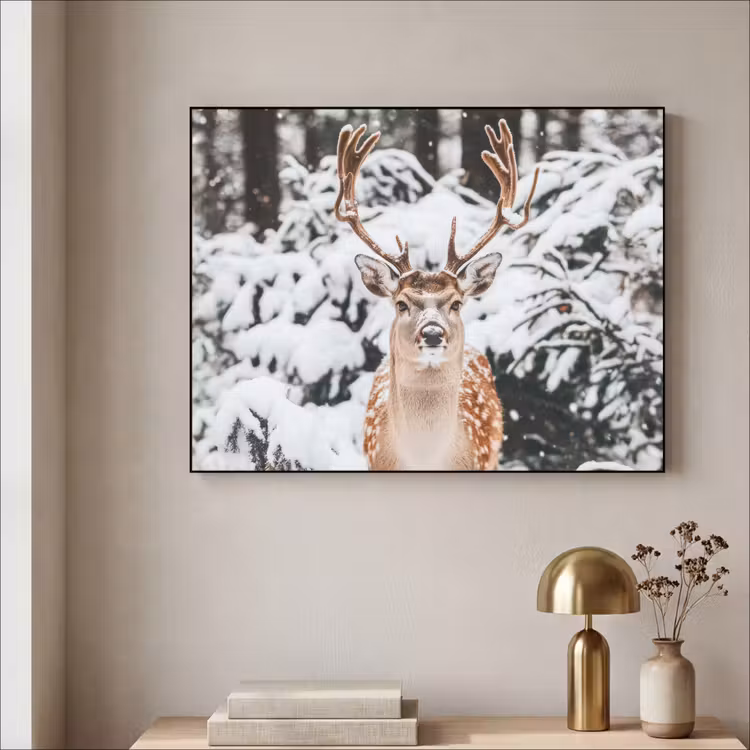Hert - Sneeuw - Winter - Bos - Dieren Textielframe zwart klein -sfeer2