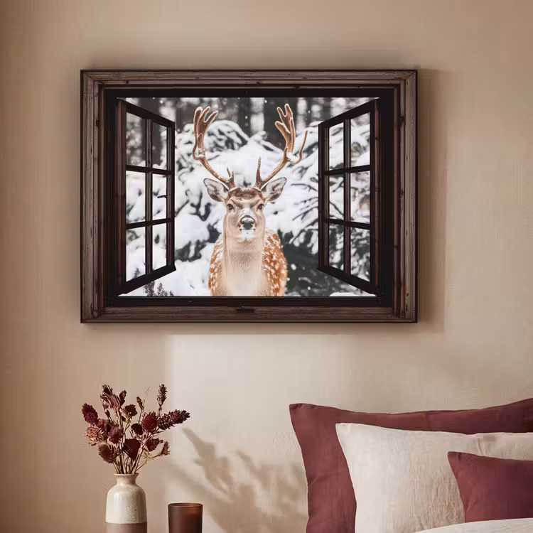 Hert - Sneeuw - Winter - Bos - Dieren - Doorkijk Textielframe zwart klein -sfeer1