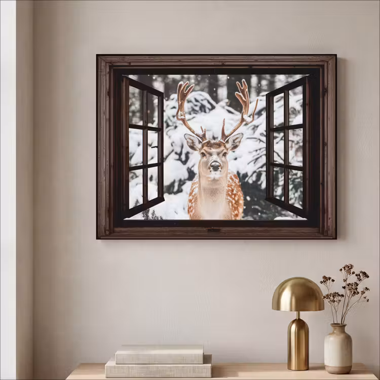 Hert - Sneeuw - Winter - Bos - Dieren - Doorkijk Textielframe zwart klein -sfeer2
