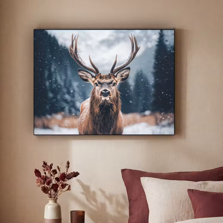 Hert - Dieren - Landschap - Winter - Sneeuw Textielframe zwart klein -sfeer1