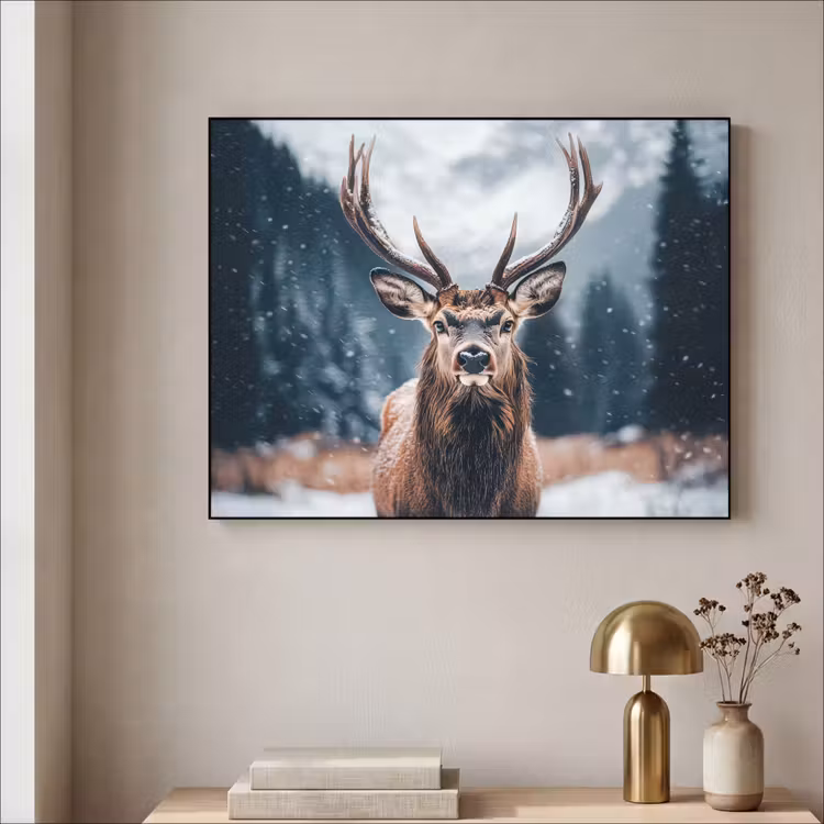 Hert - Dieren - Landschap - Winter - Sneeuw Textielframe - compleet frame klein -sfeer2