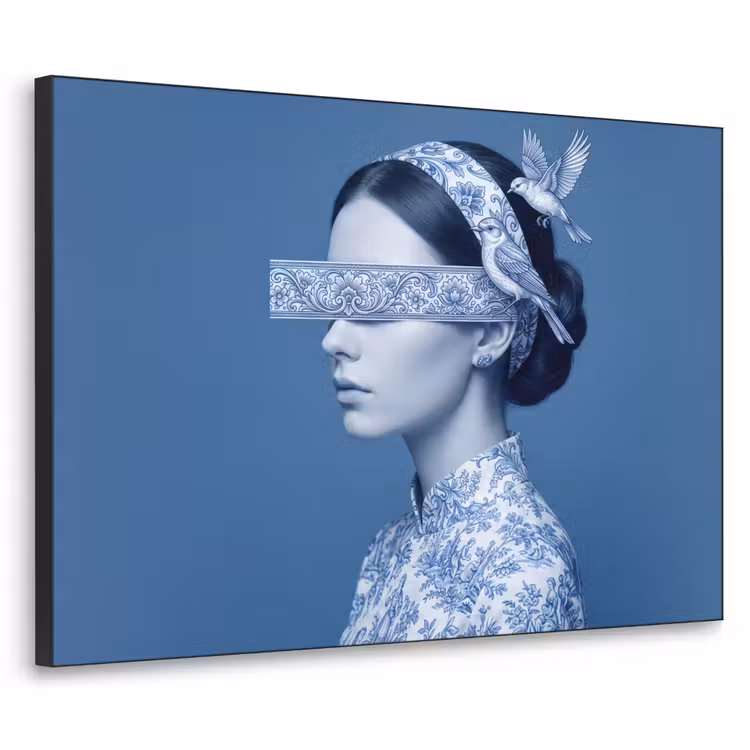 Portret - Klassiek - Wit - Blauw Textielframe zwart klein -3d