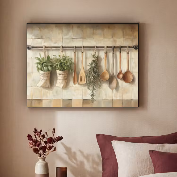 Hout - Keukengerei - Stilleven - Tegels Textielframe - compleet frame klein -sfeer1