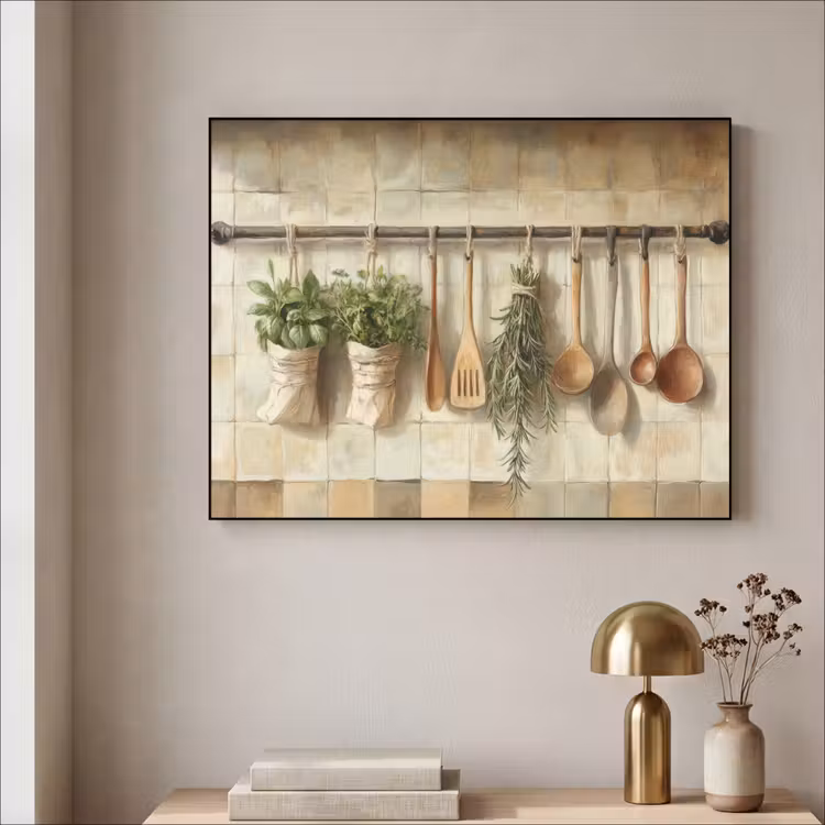 Hout - Keukengerei - Stilleven - Tegels Textielframe zwart klein -sfeer2