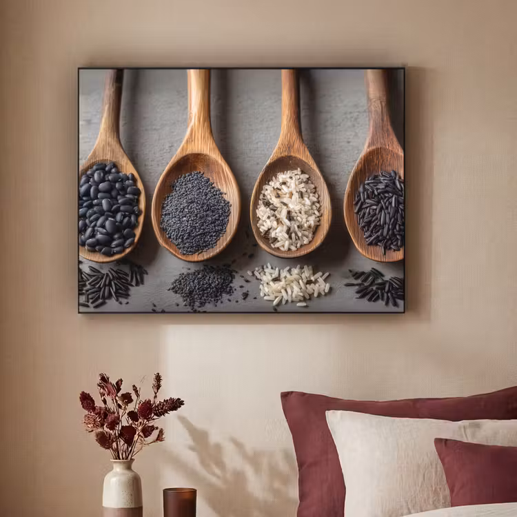 Houten - Lepels - Rijst - Zaden Textielframe zwart klein -sfeer1