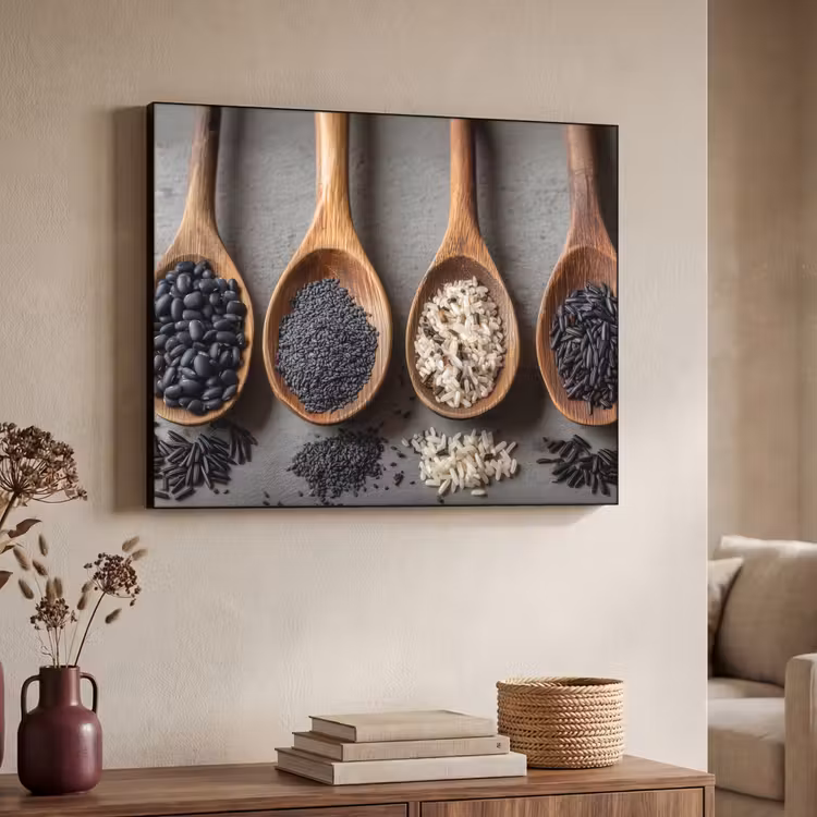 Houten - Lepels - Rijst - Zaden Textielframe zwart klein -sfeer3