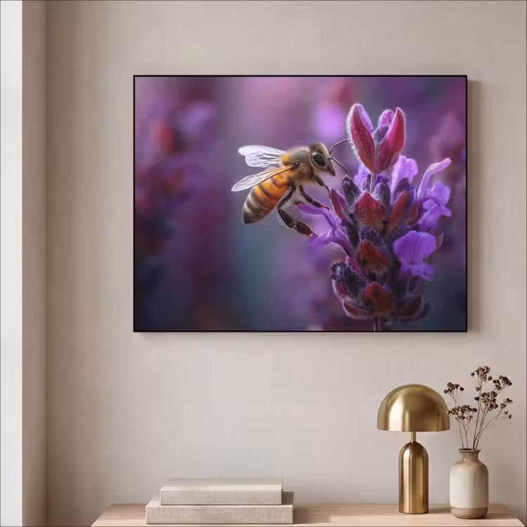 Honingbij - Paarse bloemen - Details Textielframe - compleet frame klein -sfeer2