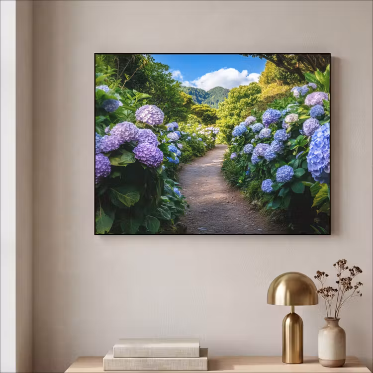 Hortsensia - Pad - Bloemen Textielframe zwart klein -sfeer2