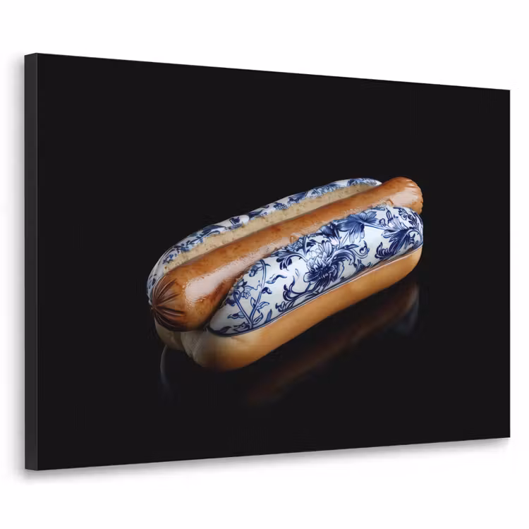 Hotdog - Porselein - Delfts blauw - Eten Textielframe - compleet frame klein -3d