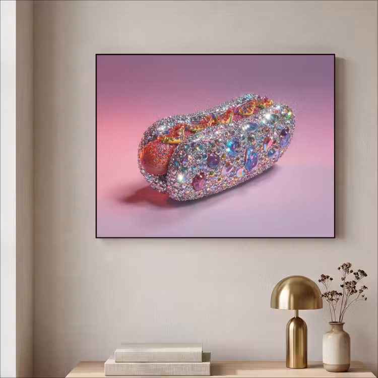 Hotdog - Steentjes - Glitters - Paars Textielframe zwart klein -sfeer2