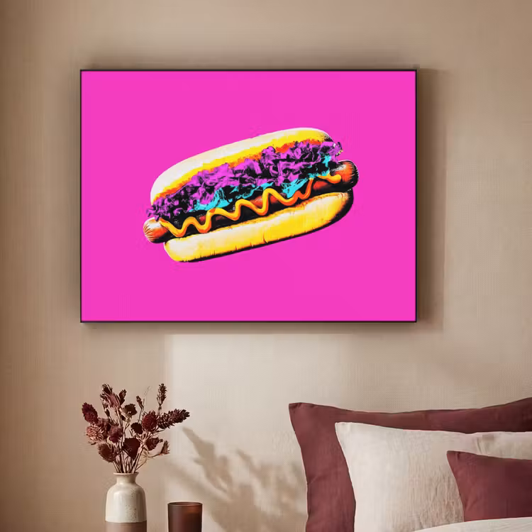 Hotdog - Roze - Retro Textielframe zwart klein -sfeer1