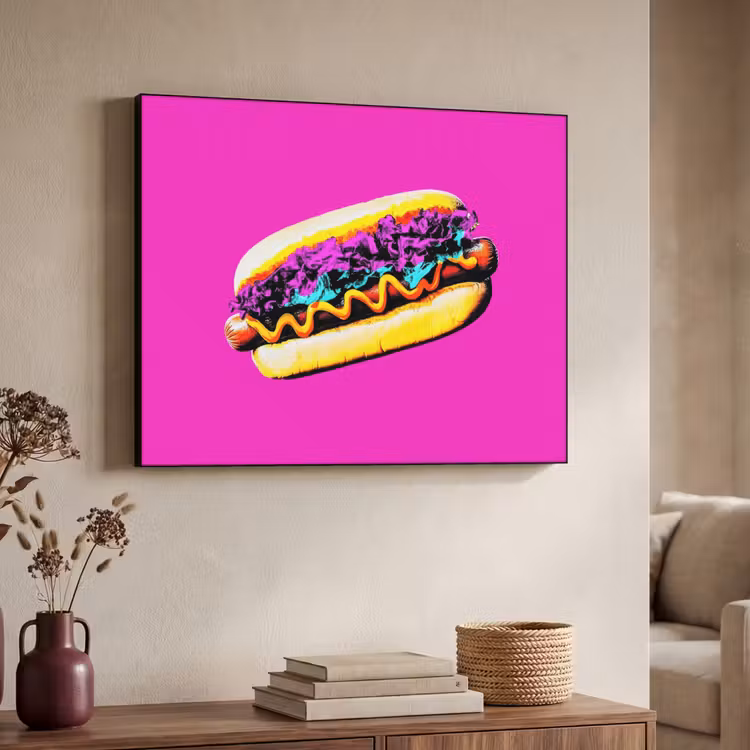 Hotdog - Roze - Retro Textielframe zwart klein -sfeer3