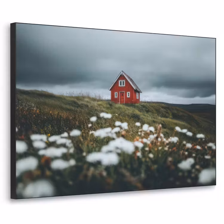 Heuvel - Huisje - Bloemen - Wit Textielframe zwart klein -3d