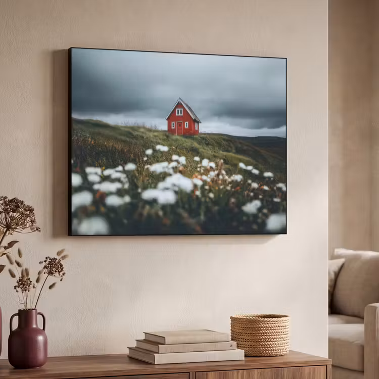 Heuvel - Huisje - Bloemen - Wit Textielframe - compleet frame klein -sfeer3