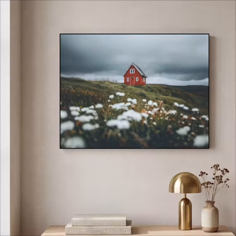 Heuvel - Huisje - Bloemen - Wit Textielframe zwart klein -sfeer2