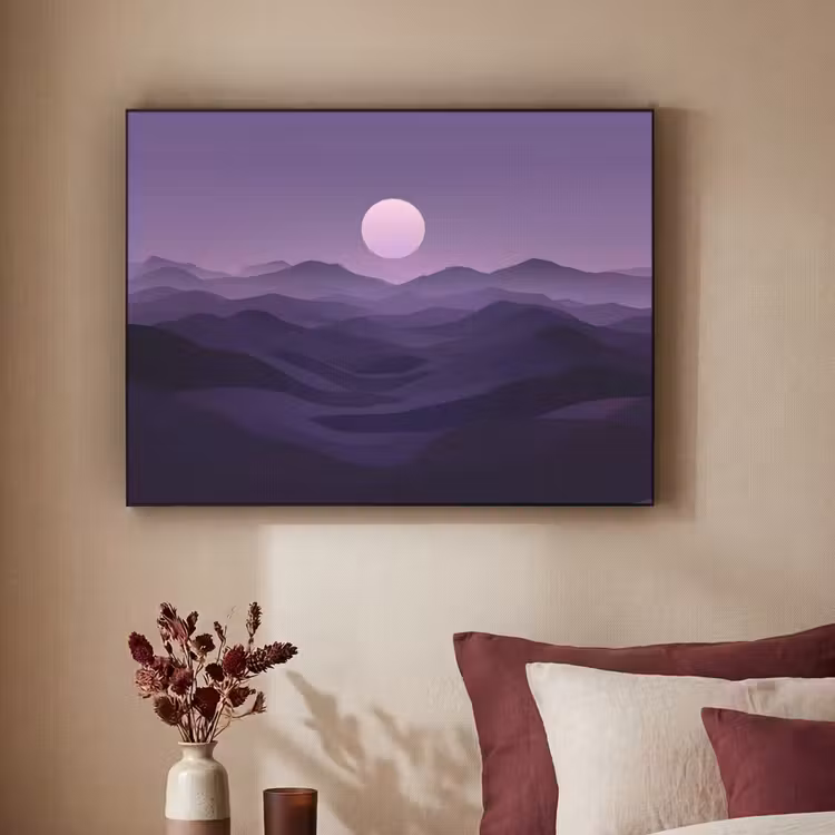 Heuvels - Paars - Mist - Zon Textielframe - compleet frame klein -sfeer1