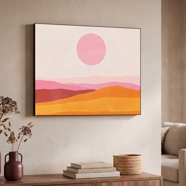 Heuvels - Oranje - Zon - Abstract Textielframe zwart klein -sfeer3