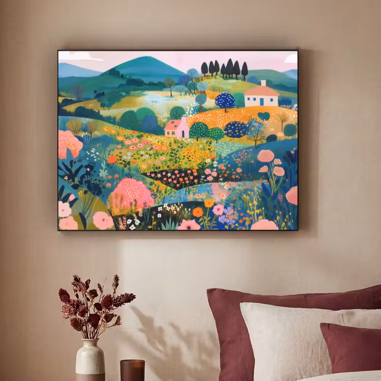 Heuvellandschap - Fantasierijk - Kleurcontrasten Textielframe - compleet frame klein -sfeer1