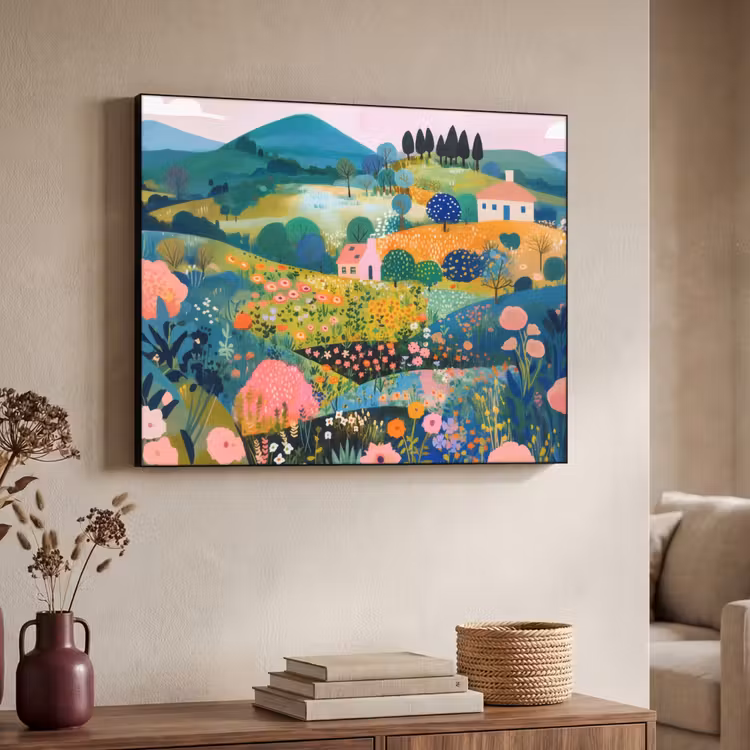 Heuvellandschap - Fantasierijk - Kleurcontrasten Textielframe zwart klein -sfeer3