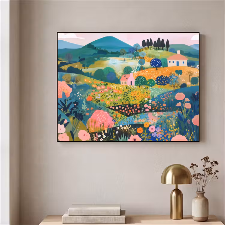 Heuvellandschap - Fantasierijk - Kleurcontrasten Textielframe - compleet frame klein -sfeer2