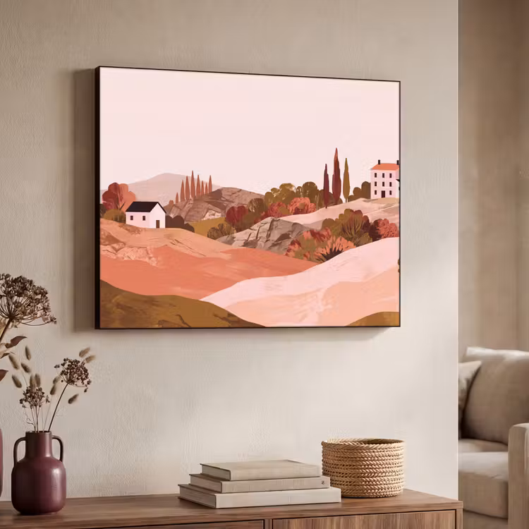 Heuvellandschap - Grafisch - Terracotta Textielframe zwart klein -sfeer3