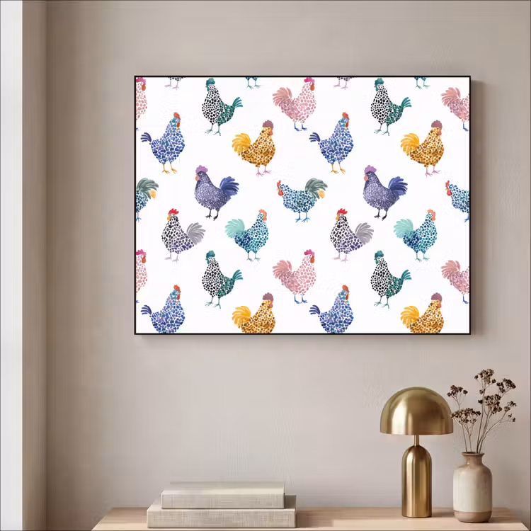 Kippen -Aquarel - Kleurrijk Textielframe zwart klein 947 -sfeer2