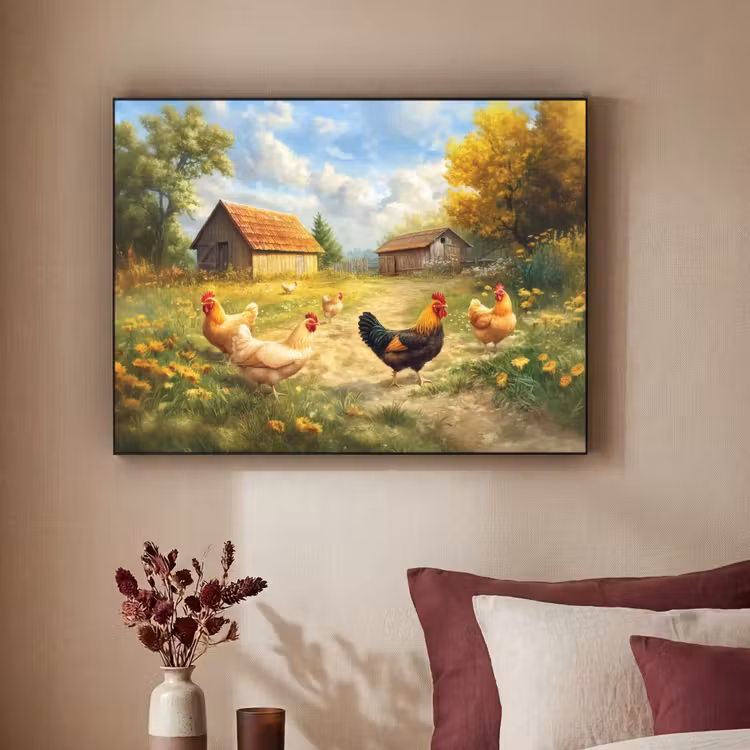 Kippen - Landelijke rust - Natuur Textielframe - compleet frame klein -sfeer1