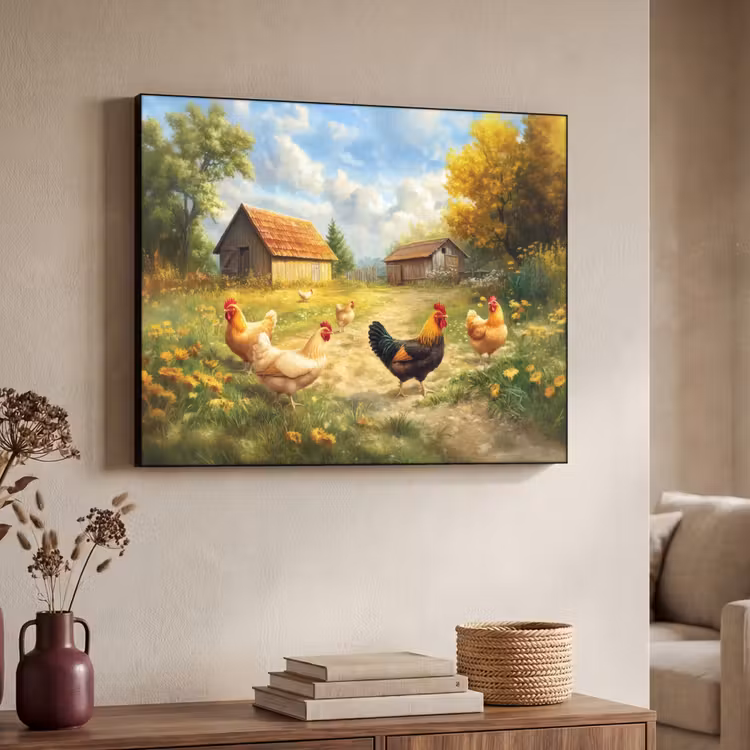 Kippen - Landelijke rust - Natuur Textielframe zwart klein -sfeer3
