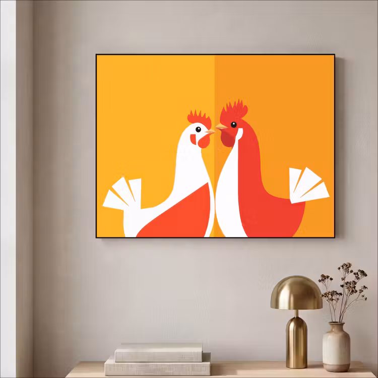 Kippen - Oranje - Vlakken Textielframe zwart klein -sfeer2